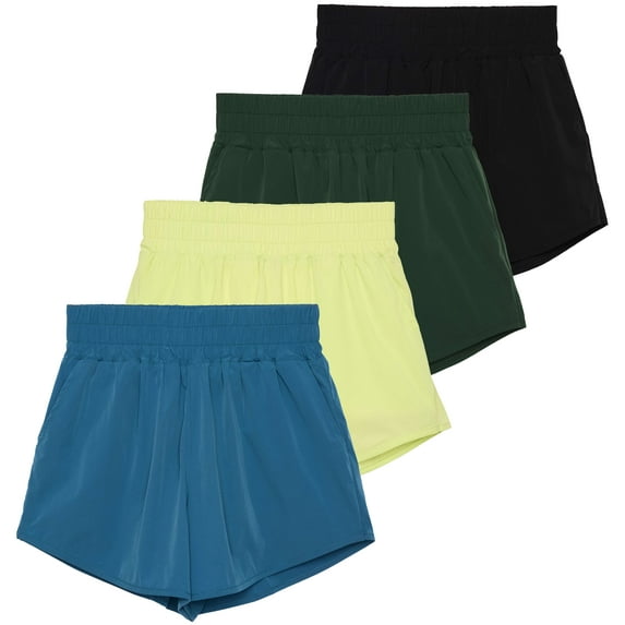 Real Essentials 4 Pack Women's 2.5'' High Waisted Running Shorts with Liner - Quick Dry, Dry Fit, Gym Workout