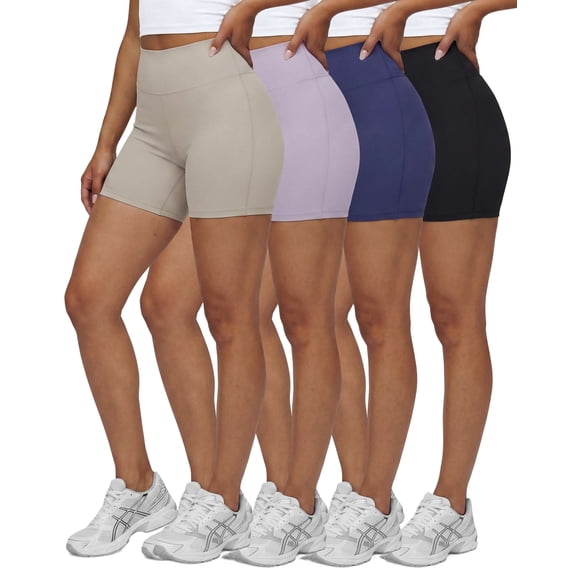 Real Essentials 4 Pack: Women's 6" High Waisted Biker Shorts - Tummy Control Spandex Workout Gym Yoga Running Athletic Shorts