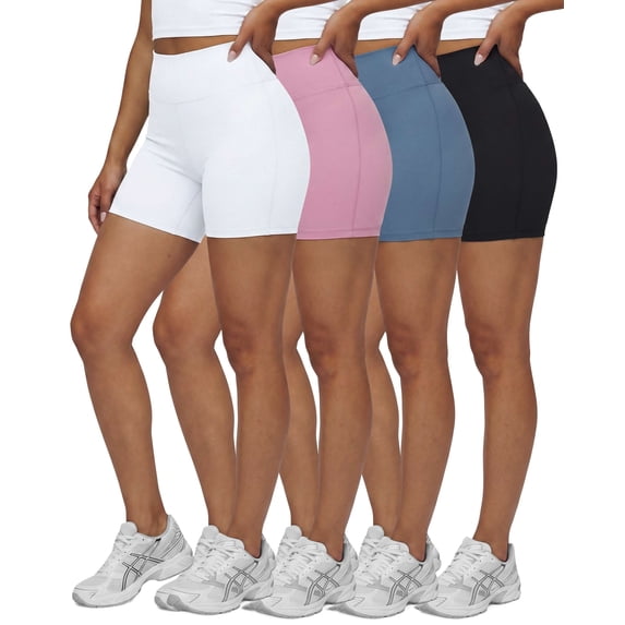 Real Essentials 4 Pack: Women's 6" High Waisted Biker Shorts - Tummy Control Spandex Workout Gym Yoga Running Athletic Shorts