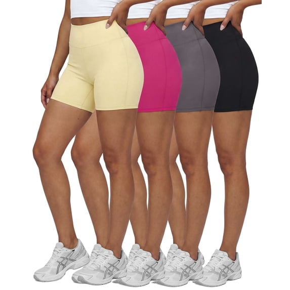 Real Essentials 4 Pack: Women's 6" High Waisted Biker Shorts - Tummy Control Spandex Workout Gym Yoga Running Athletic Shorts