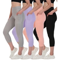 Real Essentials 4 Pack: Women's Capri Leggings with Pockets Casual Yoga Workout Exercise Pants (Available in Plus Size)