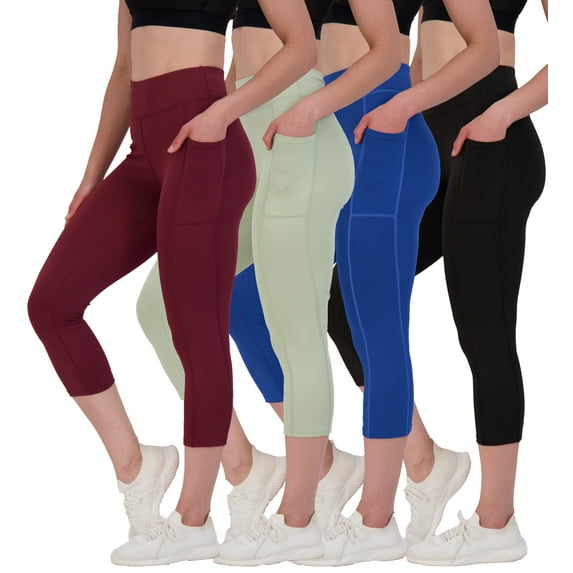 Real Essentials 4 Pack: Women's Capri Leggings with Pockets Casual Yoga Workout Exercise Pants (Available in Plus Size)