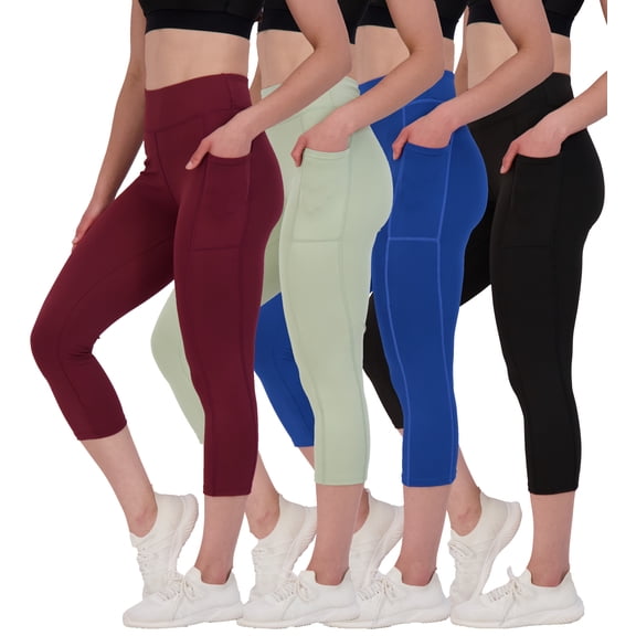 Real Essentials 4 Pack: Women's Capri Leggings with Pockets Casual Yoga Workout Exercise Pants (Available in Plus Size)