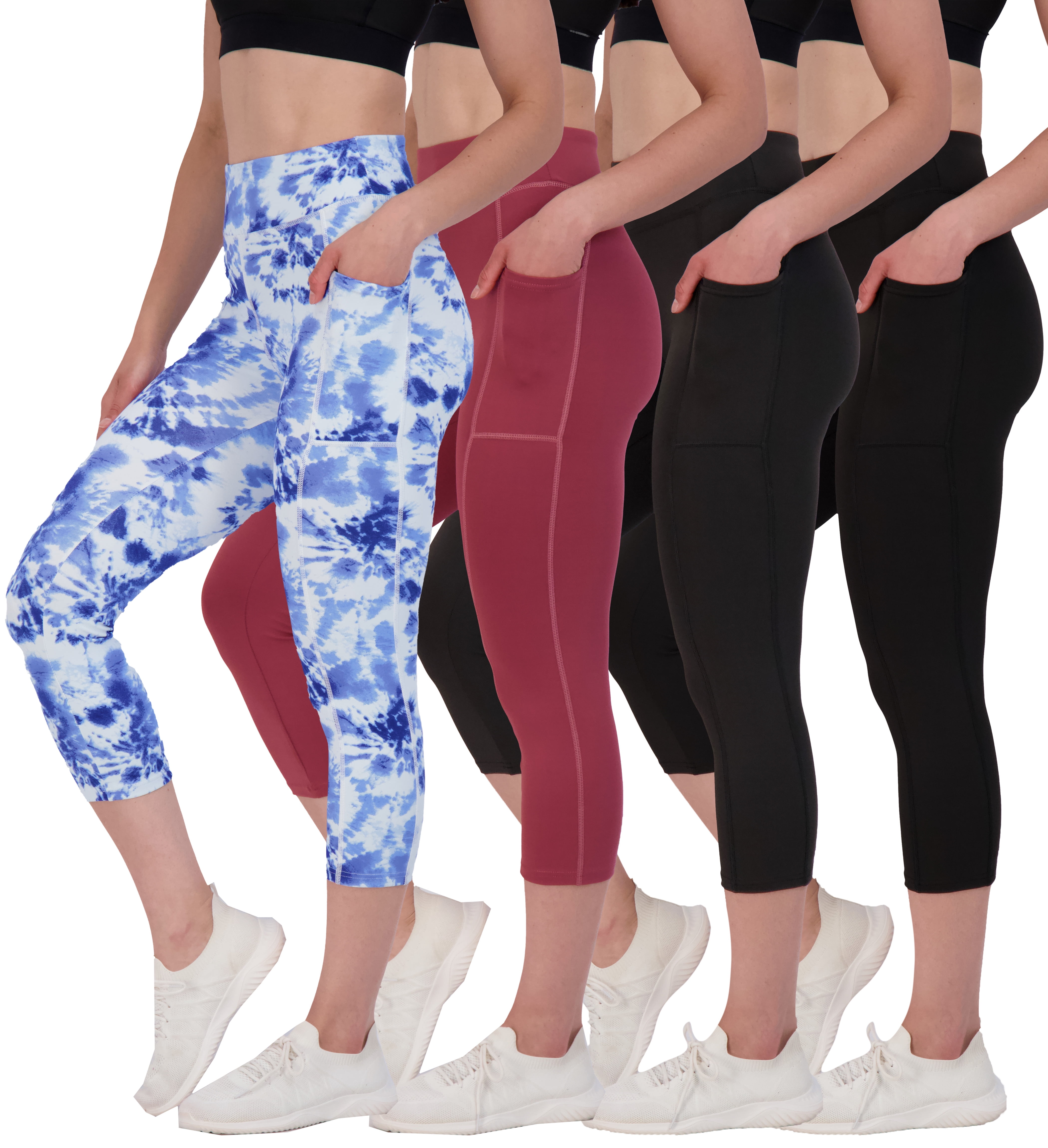 Real Essentials 4 Pack: Women's Capri Leggings with Pockets Casual