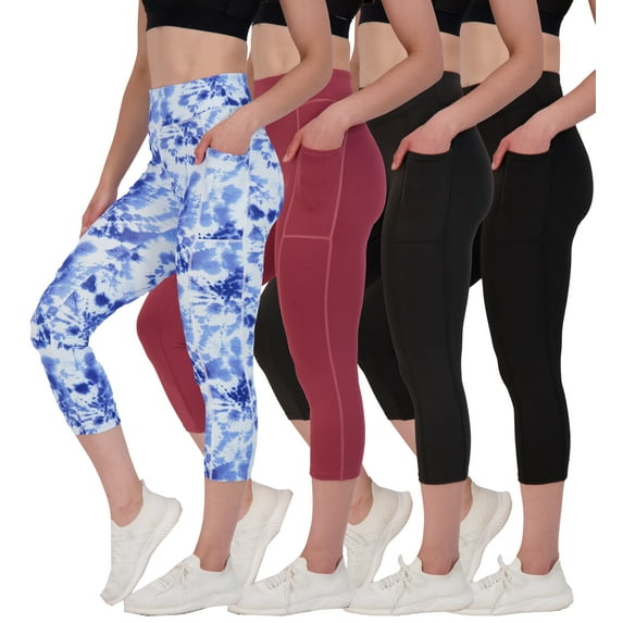 Real Essentials 4 Pack: Women's Capri Leggings with Pockets Casual Yoga Workout Exercise Pants (Available in Plus Size)