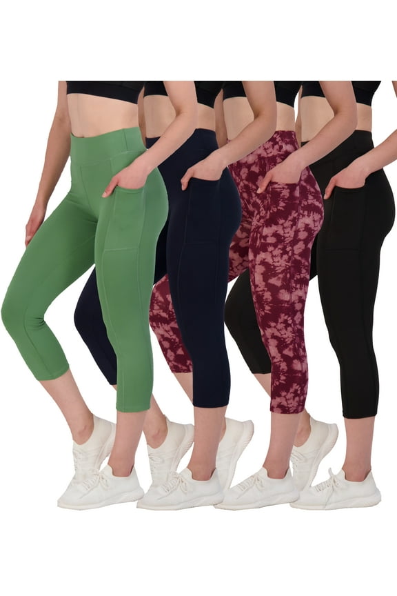 4 Pack: Women's Capri Leggings with Pockets Casual Yoga Workout Exercise Pants (Available in Plus Size)