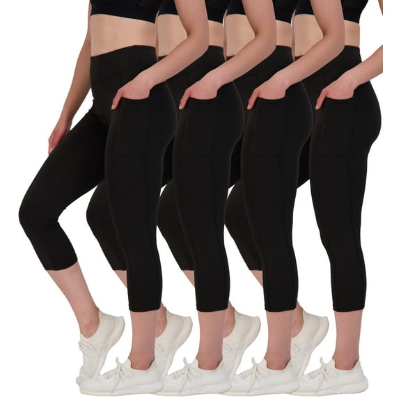 Real Essentials 4 Pack: Women's Capri Leggings with Pockets Casual Yoga Workout Exercise Pants (Available in Plus Size)