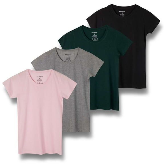 Real Essentials 4 Pack: Women's Classic-Fit Cotton Short-Sleeve Scoop Crew Neck T-Shirt (Available in Plus Size)