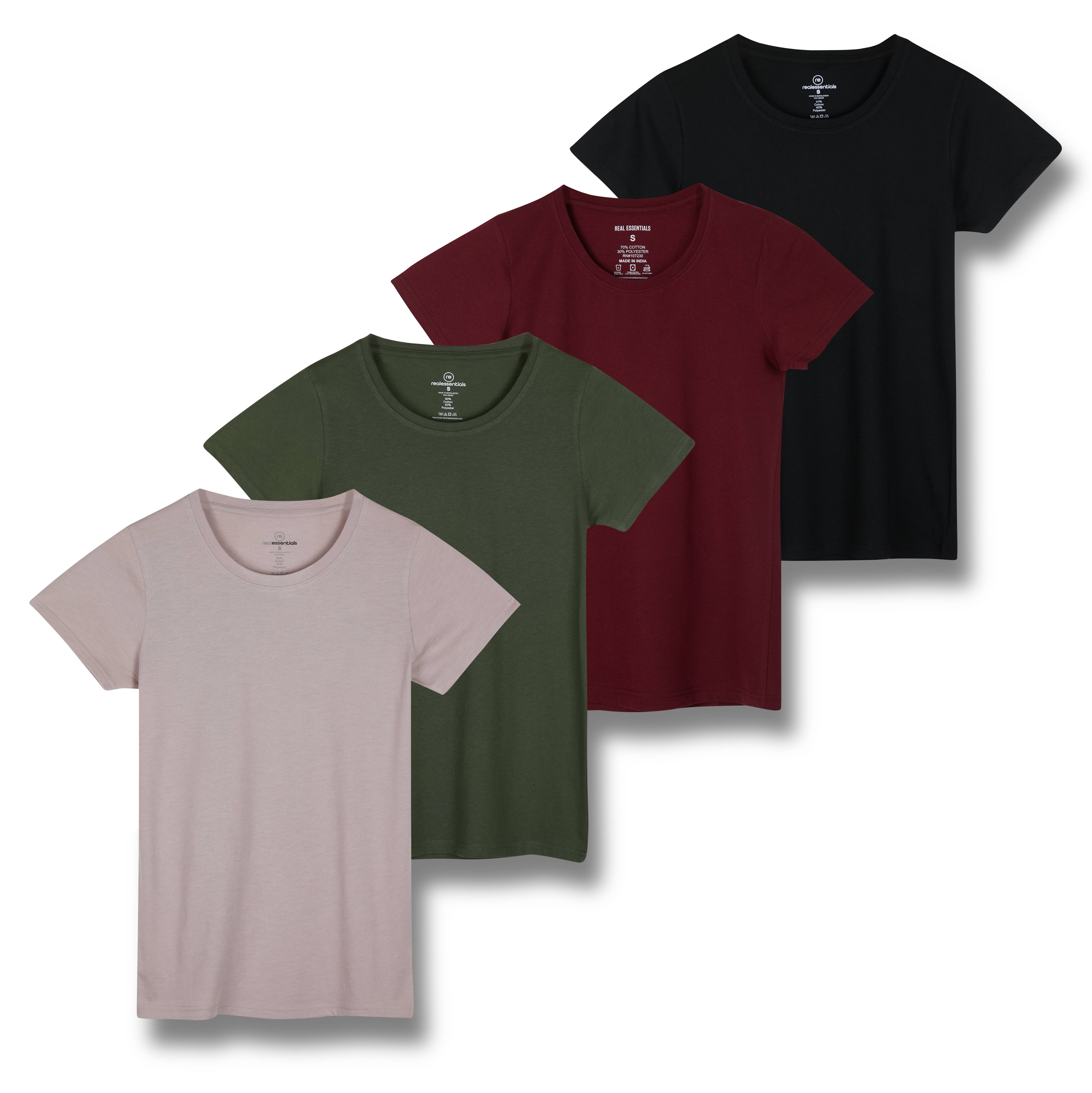 Real Essentials 4 Pack: Women's Classic-Fit Cotton Short-Sleeve Scoop ...