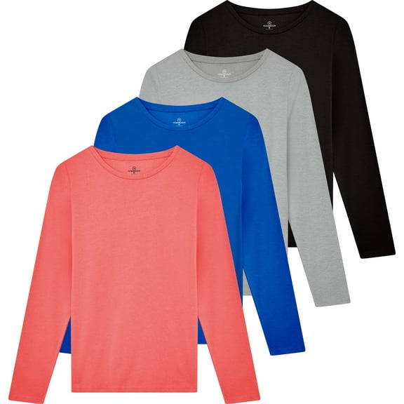 Real Essentials 4 Pack: Women's Cotton Classic-Fit Long-Sleeve Crewneck T-Shirt (Available in Plus Size)
