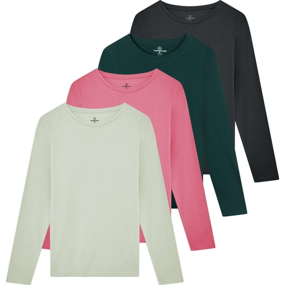 Real Essentials 4 Pack: Women's Cotton Classic-Fit Long-Sleeve Crewneck T-Shirt (Available in Plus Size)