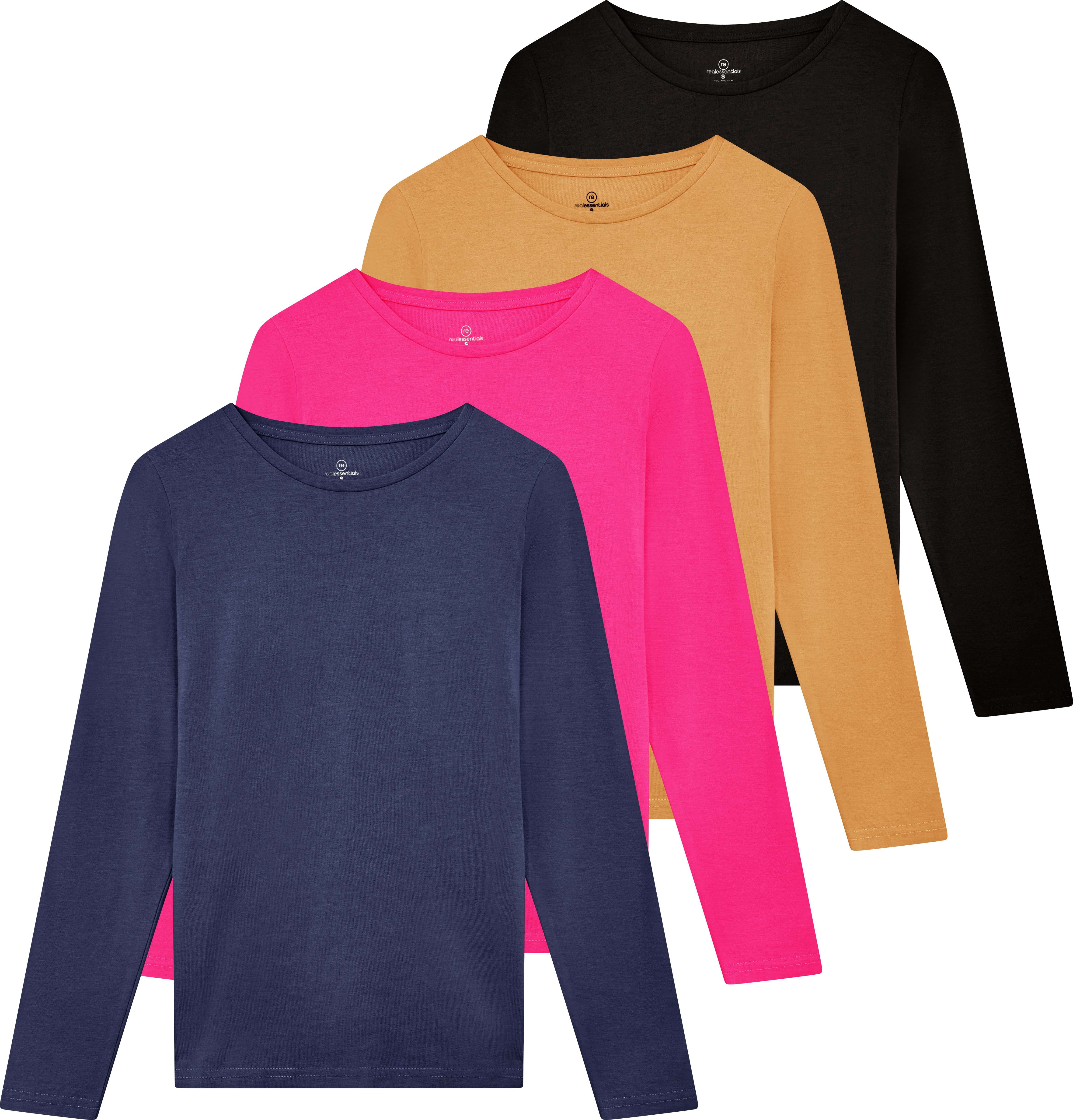 Real Essentials 4 Pack: Women's Cotton Classic-Fit Long-Sleeve Crewneck T-Shirt (Available in Plus Size)