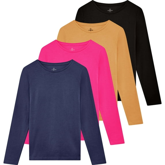 Real Essentials 4 Pack: Women's Cotton Classic-Fit Long-Sleeve Crewneck T-Shirt (Available in Plus Size)