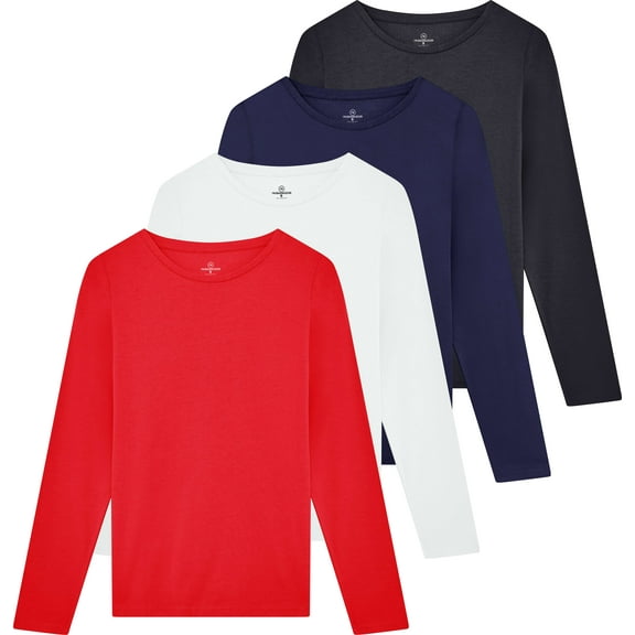Real Essentials 4 Pack: Women's Cotton Classic-Fit Long-Sleeve Crewneck T-Shirt (Available in Plus Size)