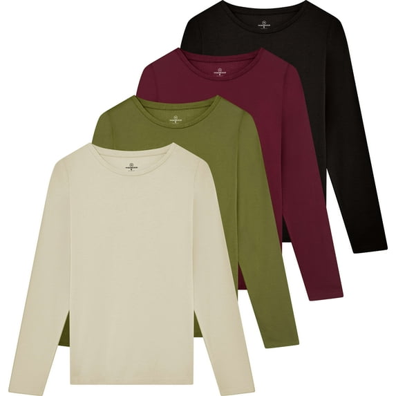 Real Essentials 4 Pack: Women's Cotton Classic-Fit Long-Sleeve Crewneck T-Shirt (Available in Plus Size)