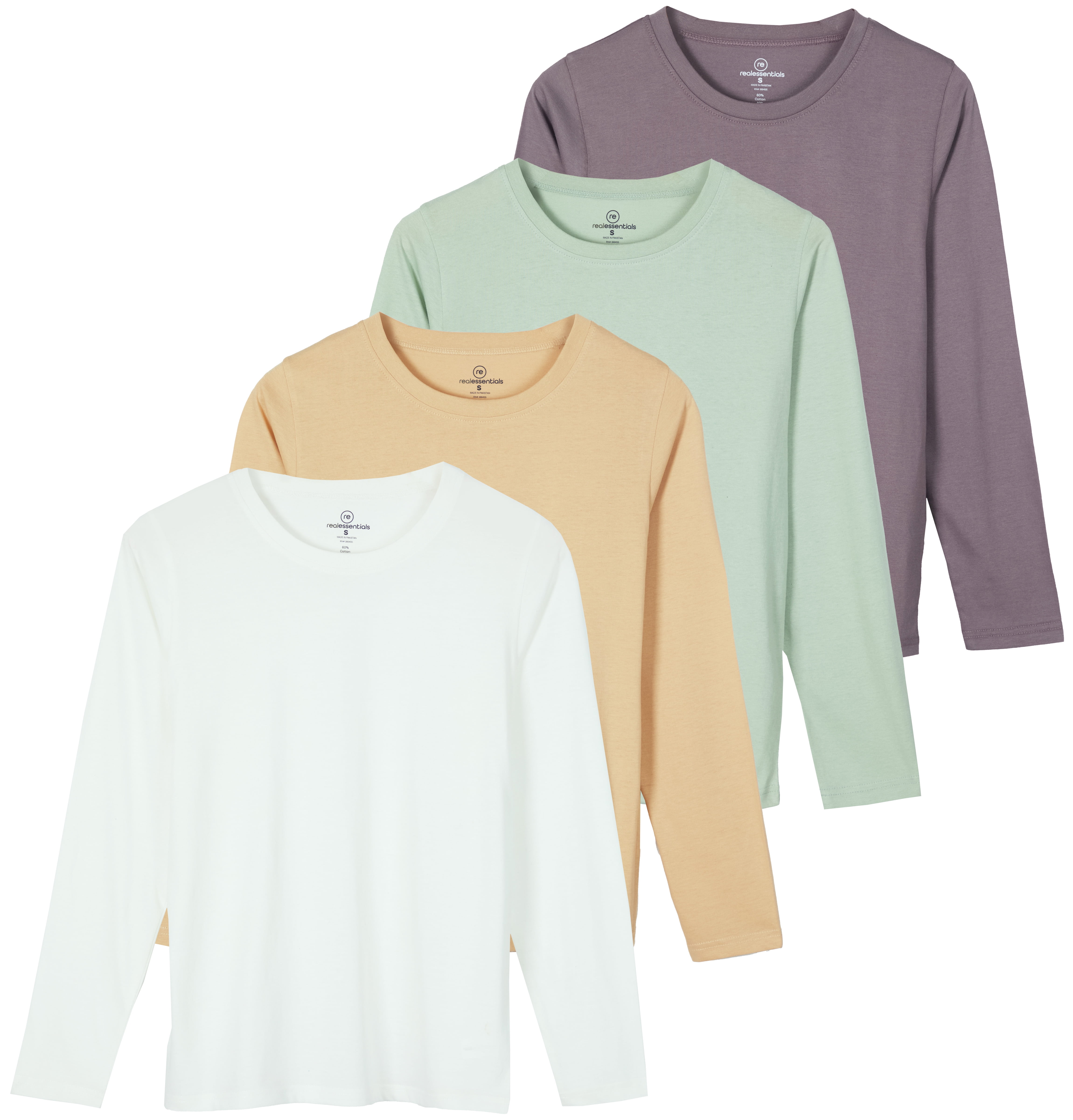 Real Essentials 4 Pack Women's Cotton ClassicFit LongSleeve Crewneck