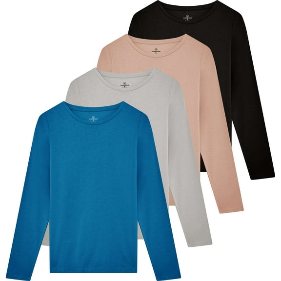 Real Essentials 4 Pack: Women's Cotton Classic-Fit Long-Sleeve Crewneck T-Shirt (Available in Plus Size)