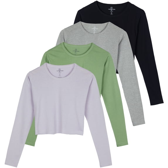Real Essentials 4 Pack: Women's Cotton Long Sleeve Crew Crop Top - Casual Cropped T-Shirt (Available In Plus Size)