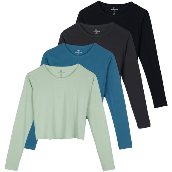 Real Essentials 4 Pack: Women's Cotton Long Sleeve Crew Crop Top - Casual Cropped T-Shirt (Available In Plus Size)