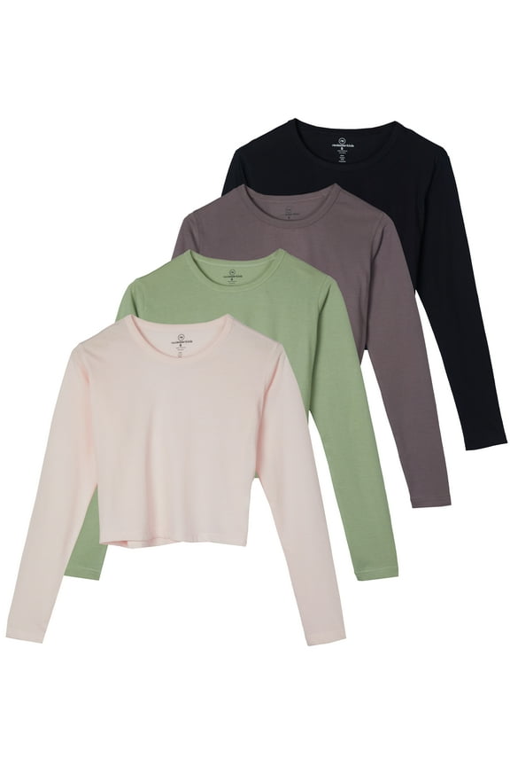 4 Pack: Women's Cotton Long Sleeve Crew Crop Top - Casual Cropped T-Shirt (Available In Plus Size)