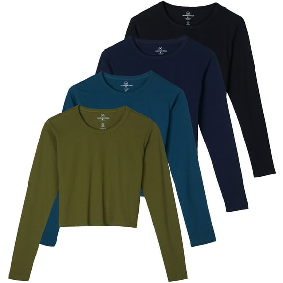 Real Essentials 4 Pack: Women's Cotton Long Sleeve Crew Crop Top - Casual Cropped T-Shirt (Available In Plus Size)