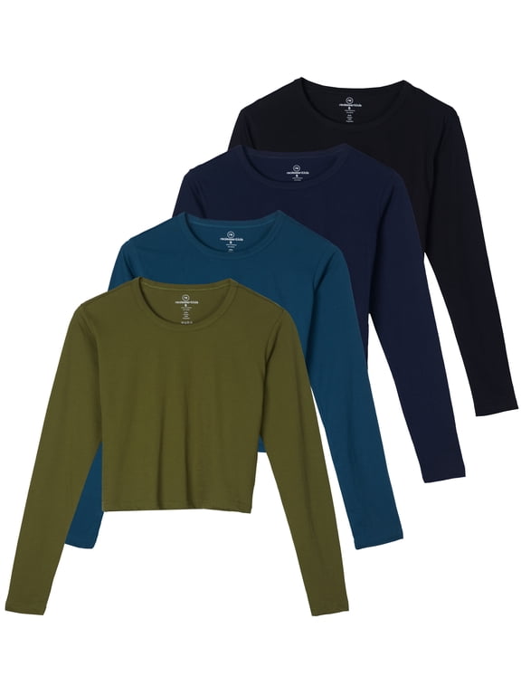 4 Pack: Women's Cotton Long Sleeve Crew Crop Top - Casual Cropped T-Shirt (Available In Plus Size)