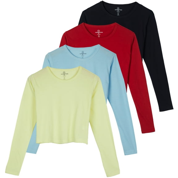 Real Essentials 4 Pack: Women's Cotton Long Sleeve Crew Crop Top - Casual Cropped T-Shirt (Available In Plus Size)