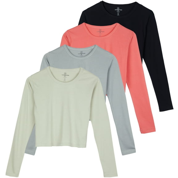 Real Essentials 4 Pack: Women's Cotton Long Sleeve Crew Crop Top - Casual Cropped T-Shirt (Available In Plus Size)