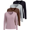 thumbnail image 1 of Real Essentials 4 Pack: Women’s Cotton Long Sleeve V-Neck T-Shirts – Soft Casual Lounge Tee Tops (Available in Plus), 1 of 4