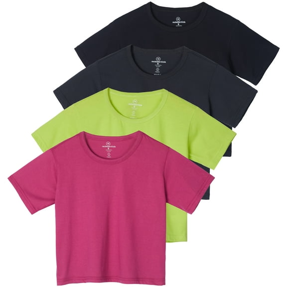 Real Essentials 4 Pack: Women's Cotton Short Sleeve Crop Top – Cropped Casual Crew Neck T-Shirts (Available In Plus Size)