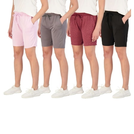 Real Essentials 4 Pack: Women's Dry-Fit Athletic 7" Bermuda Long High Waisted Running Shorts (Available In Plus Size)