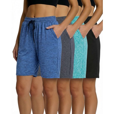 4 Pack Women's Bermuda Shorts Dry Fit Athletic 7" High Waisted Long Pockets