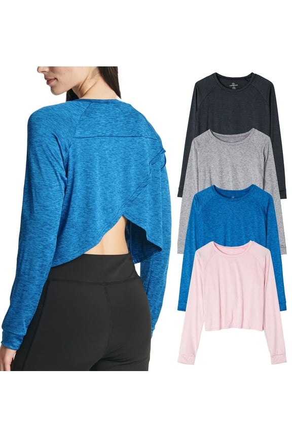 4 Pack: Women's Dry-Fit Long Sleeve Petal Back Crop Top - Athletic Cropped Tee (Available in Plus Size)