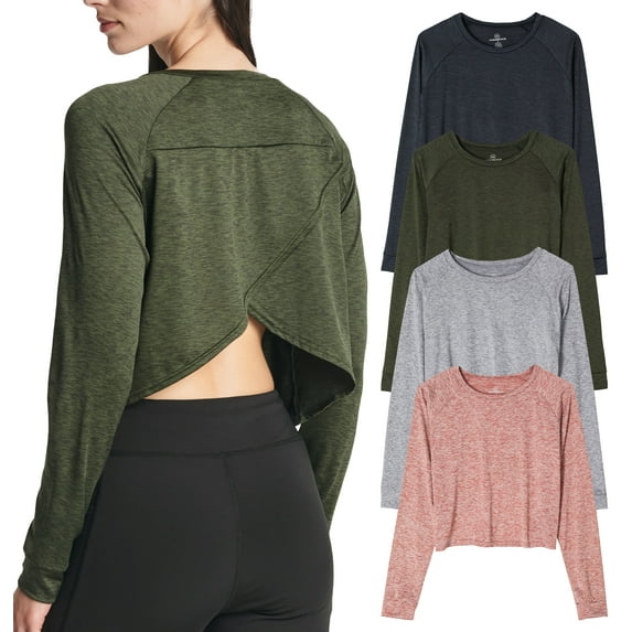 Real Essentials 4 Pack: Women's Dry-Fit Long Sleeve Petal Back Crop Top - Athletic Cropped Tee (Available in Plus Size)