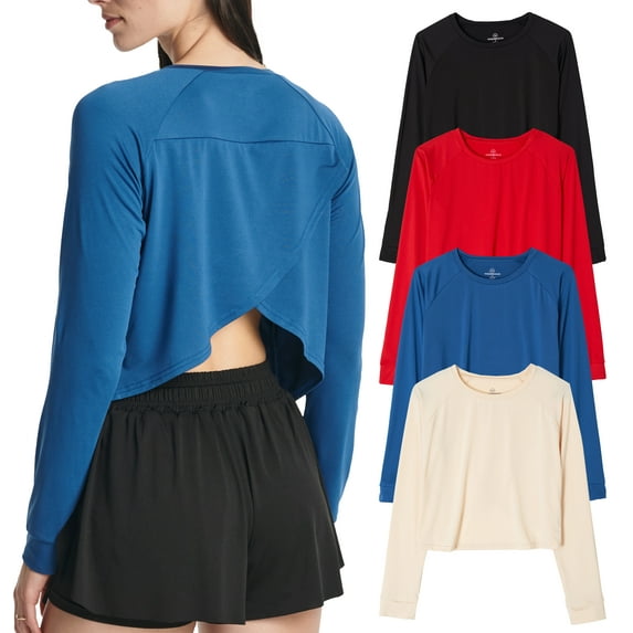 Real Essentials 4 Pack: Women's Dry-Fit Long Sleeve Petal Back Crop Top - Athletic Cropped Tee (Available in Plus Size)