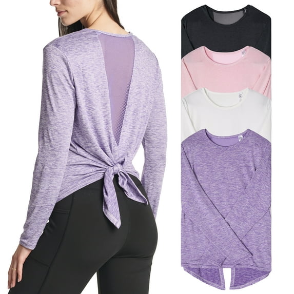 Real Essentials 4 Pack: Women's Dry-Fit Long-Sleeve Tie Back Athletic Workout T-Shirt (Available in Plus Size)