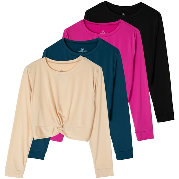 Real Essentials 4 Pack: Women's Dry-Fit Long-Sleeve Twist Front T-Shirt - Athletic Workout Yoga Tops (Available in Plus Size)