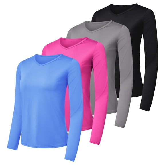 Real Essentials 4-Pack: Women's Dry-Fit Long-Sleeve V-Neck Athletic Workout Shirt (Available in Plus Size)