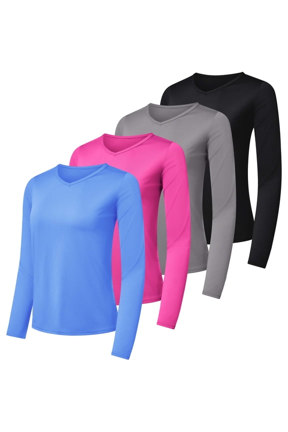 4-Pack: Women's Dry-Fit Long-Sleeve V-Neck Athletic Workout Shirt (Available in Plus Size)