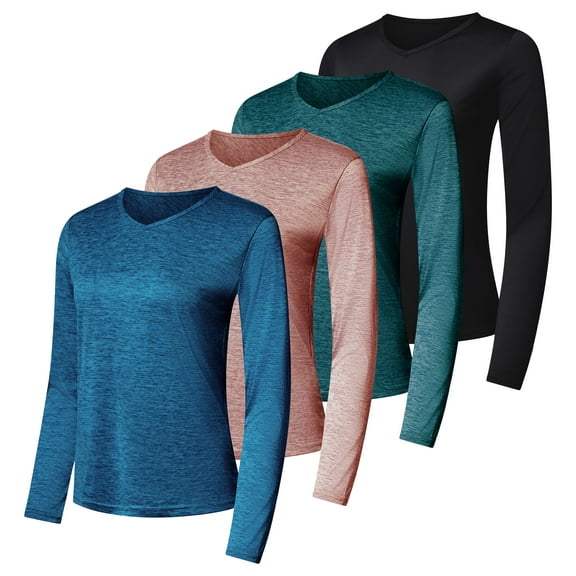 Real Essentials 4-Pack: Women's Dry-Fit Long-Sleeve V-Neck Athletic Workout Shirt (Available in Plus Size)