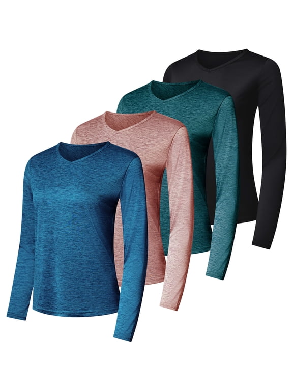4-Pack: Women's Dry-Fit Long-Sleeve V-Neck Athletic Workout Shirt (Available in Plus Size)