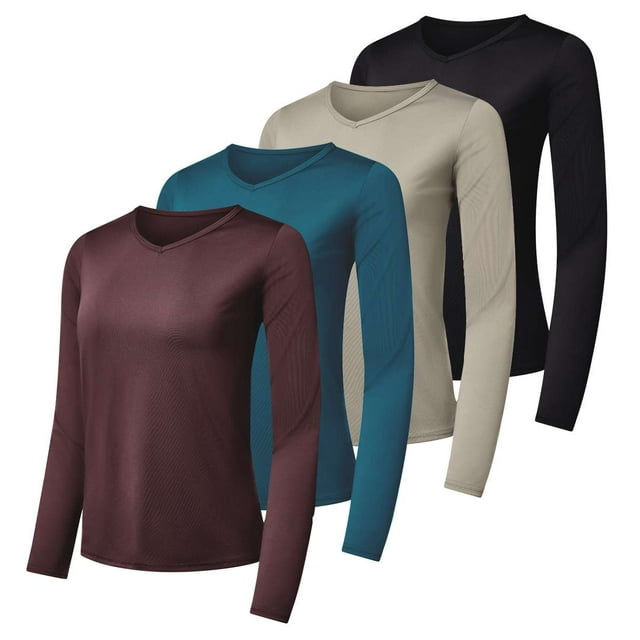 Real Essentials 4-Pack: Women's Dry-Fit Long-Sleeve V-Neck Athletic Workout Shirt (Available in Plus Size)