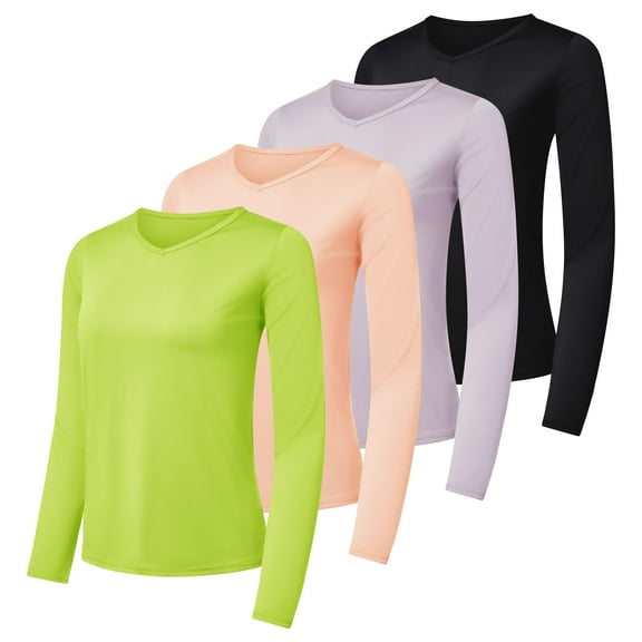 Real Essentials 4-Pack: Women's Dry-Fit Long-Sleeve V-Neck Athletic Workout Shirt (Available in Plus Size)
