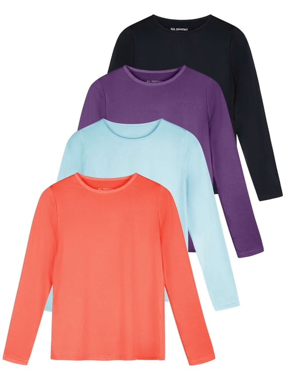 4 Pack: Women's Dry-Fit Tech Stretch Long-Sleeve Athletic Workout T-Shirt (Available in Plus Size)