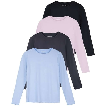 Real Essentials 4 Pack: Women's Dry-Fit Tech Stretch Long-Sleeve Athletic Workout T-Shirt (Available in Plus Size)