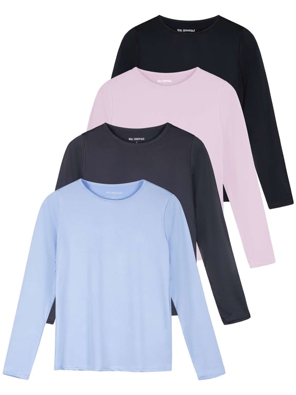 4 Pack: Women's Dry-Fit Tech Stretch Long-Sleeve Athletic Workout T-Shirt (Available in Plus Size)