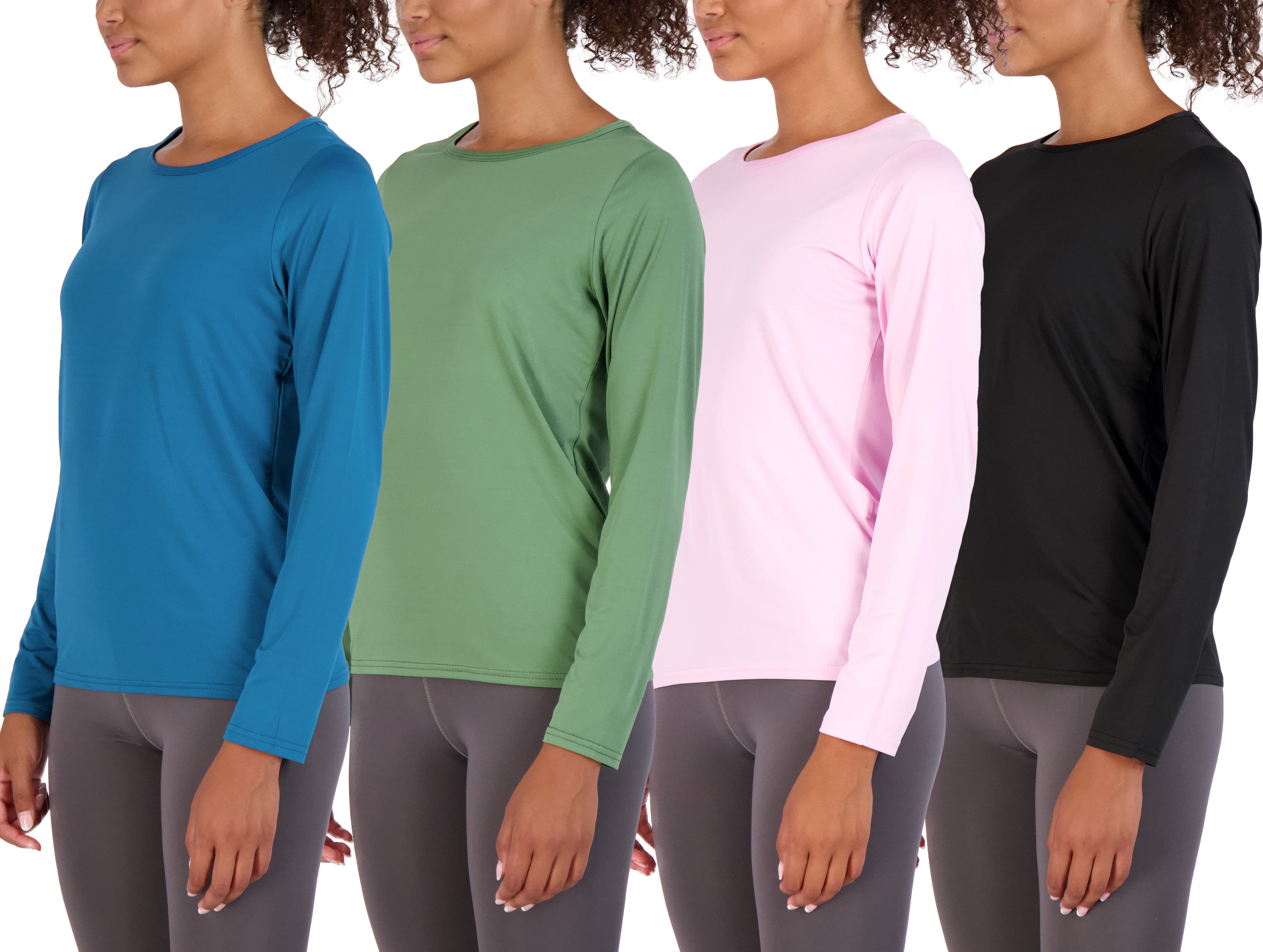 Real Essentials 4 Pack: Women's Dry-Fit Tech Stretch Long-Sleeve Athletic  Workout T-Shirt (Available in Plus Size) 