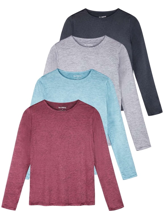 4 Pack: Women's Dry-Fit Tech Stretch Long-Sleeve Athletic Workout T-Shirt (Available in Plus Size)
