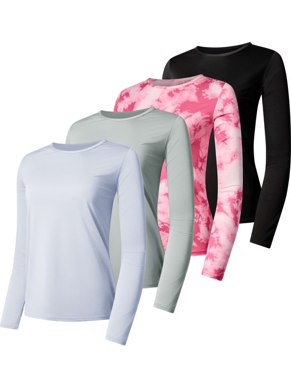 4 Pack: Women's Dry-Fit Tech Stretch Long-Sleeve Athletic Workout T-Shirt (Available in Plus Size)
