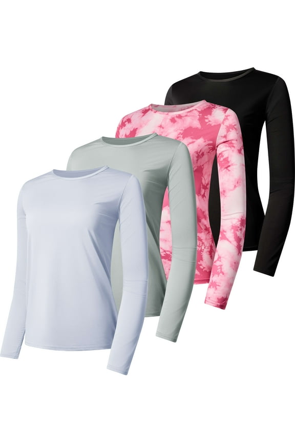 4 Pack: Women's Dry-Fit Tech Stretch Long-Sleeve Athletic Workout T-Shirt (Available in Plus Size)